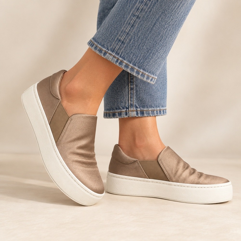 Vince Warren Platform Slip On Sneakers Womens 6 Fawn Satin Silk Minimalist Fall